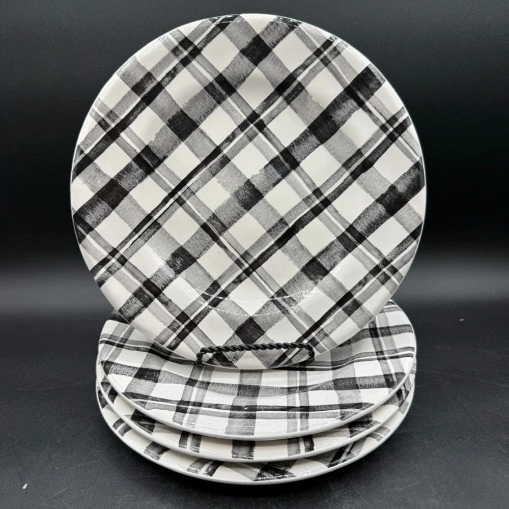 PIER 1 BRADFORD BUFFALO CHECK Black White‎ 4 Salad Plates Plaid